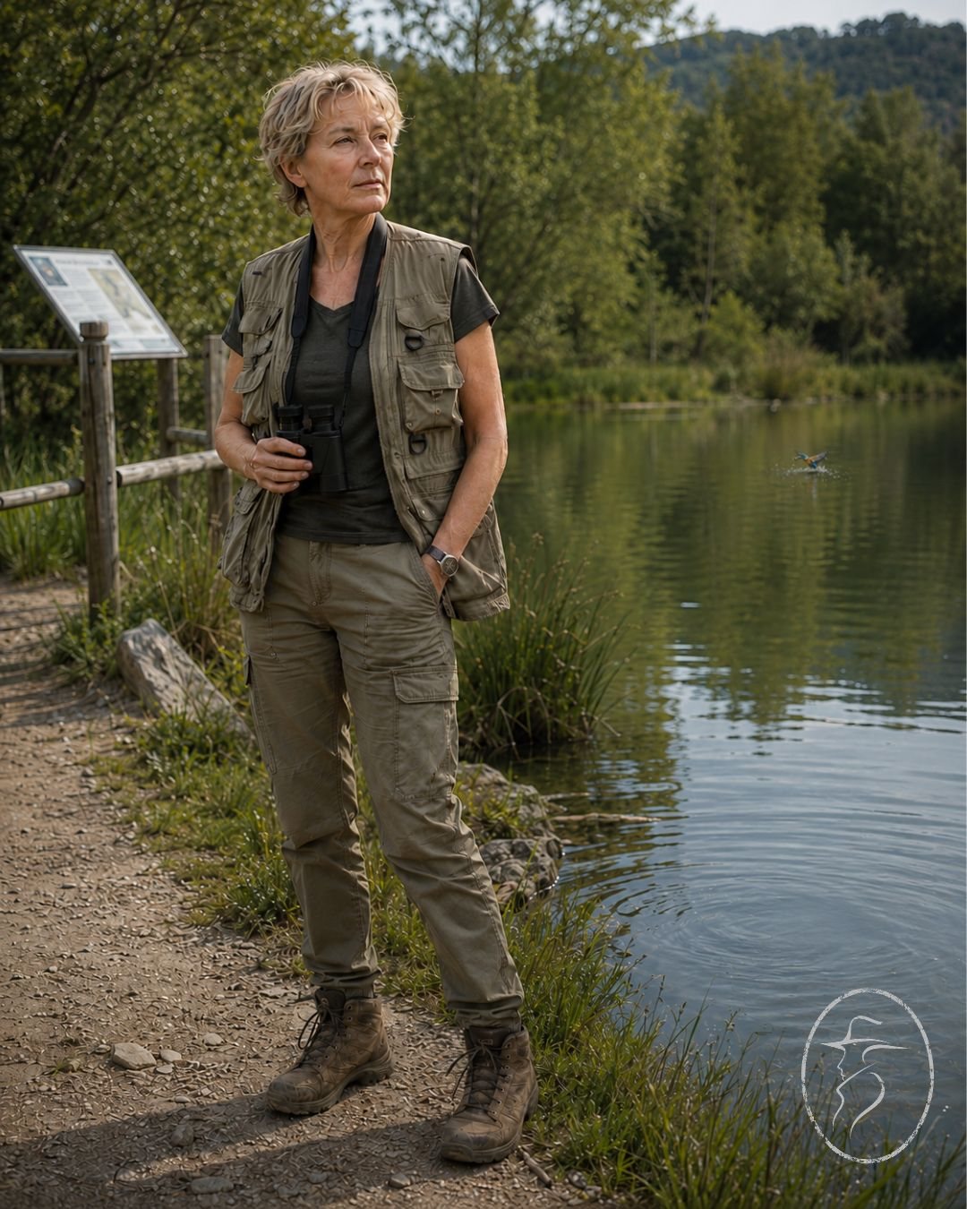 Olena Koval observing a European nature reserve by a lake.