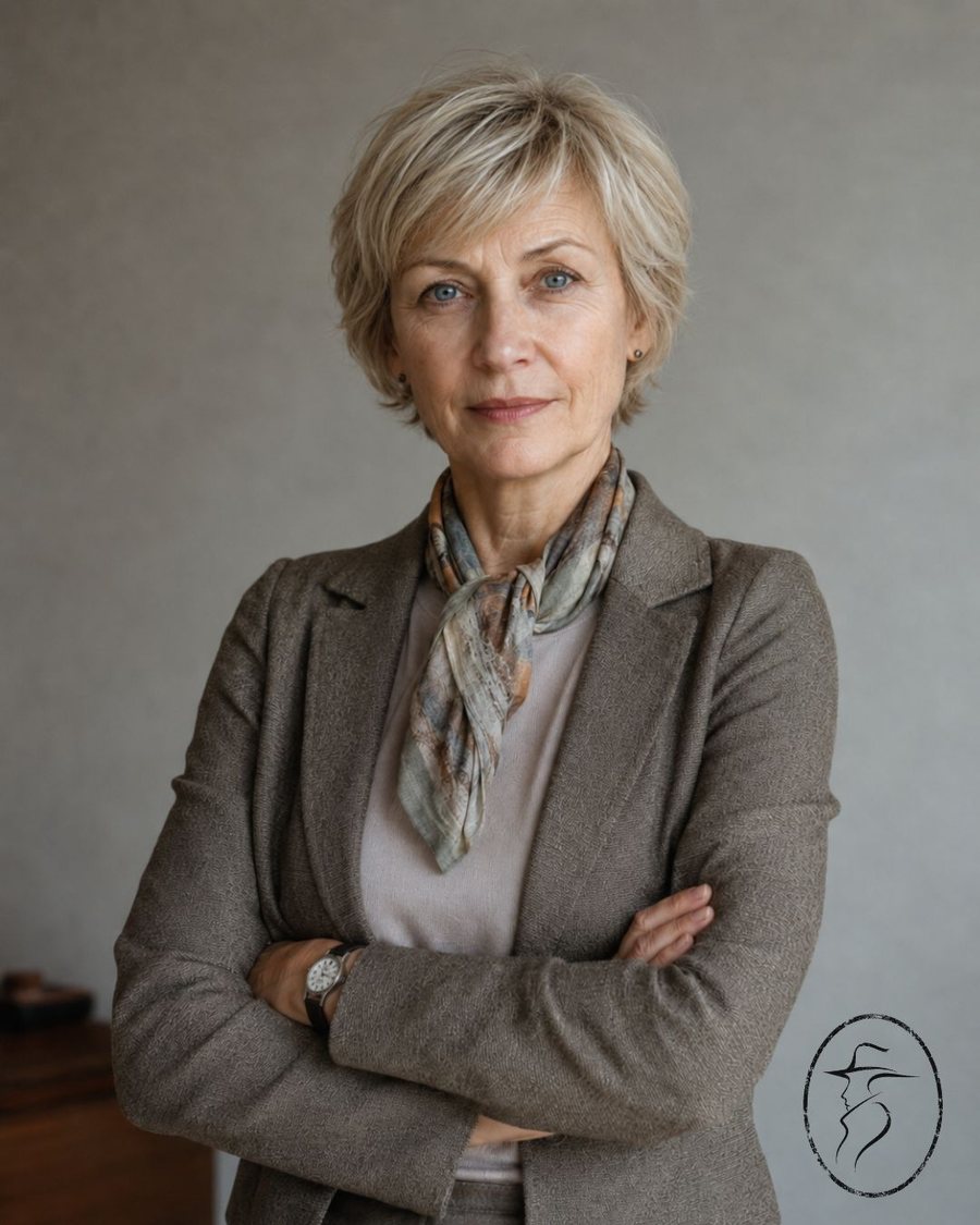 Illustration of Olena Koval, a discreet and observant older woman.